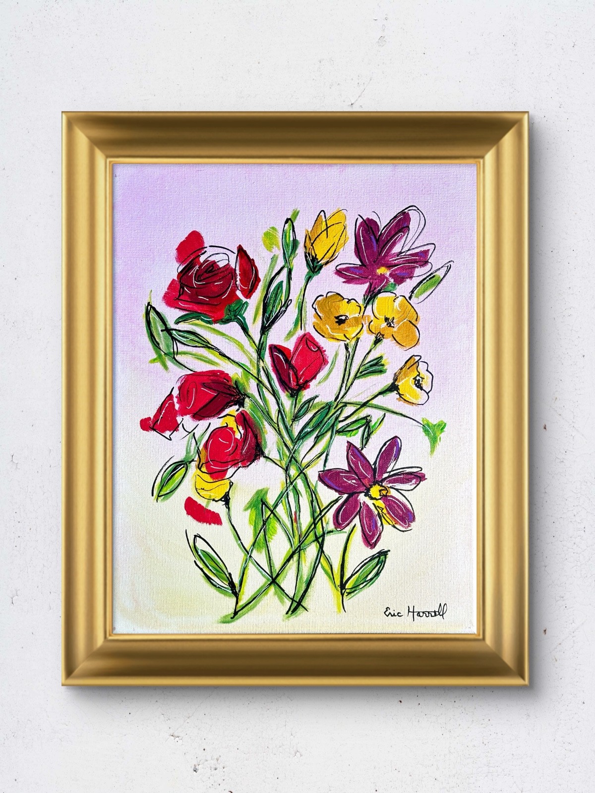 Original Flower Art 14x11 Canvas Colorful Abstract Expressionist Painting Signed