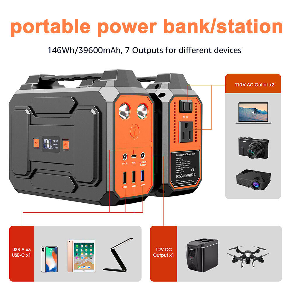 Portable Power Bank 100W 146Wh AC DC USB Camping Hiking External Battery Charger