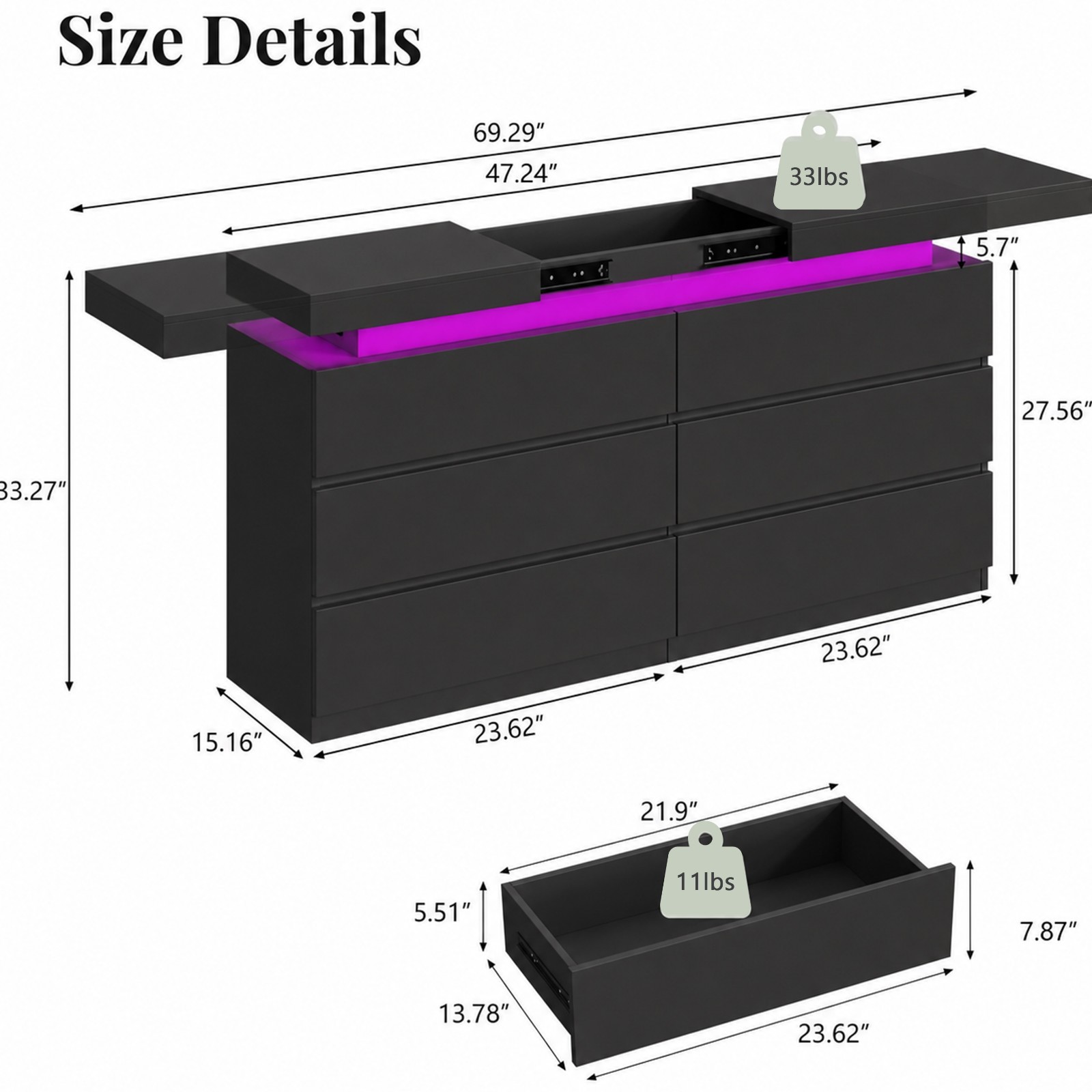6 Drawer Dresser with Sliding Top and Power Outlet Modern LED Lights Organizer