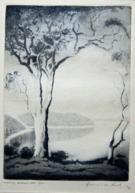 ANTIQUE AUSTRALIAN ETCHING MORNING BRISBANE WATERS BY LEONARD JOHN BECK     P388