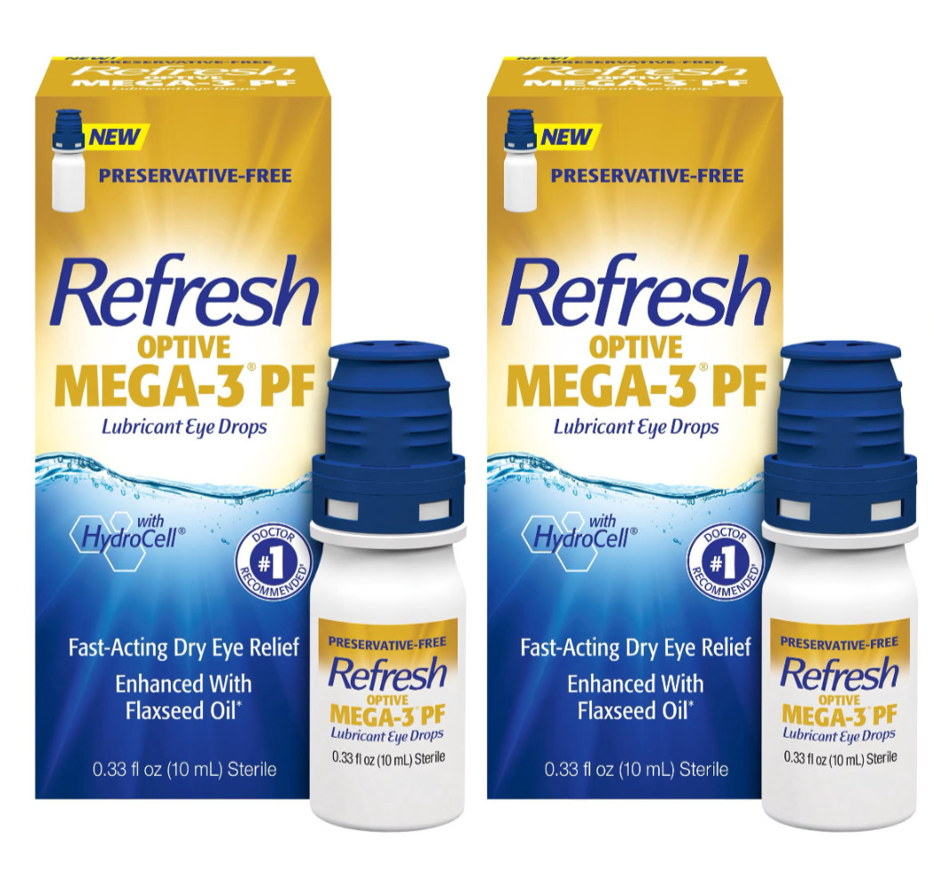 (2) REFRESH Optive Mega-3 PF Eye Drops 0.33 fl oz 10x2=20 mL EXP 6/2027 Sealed