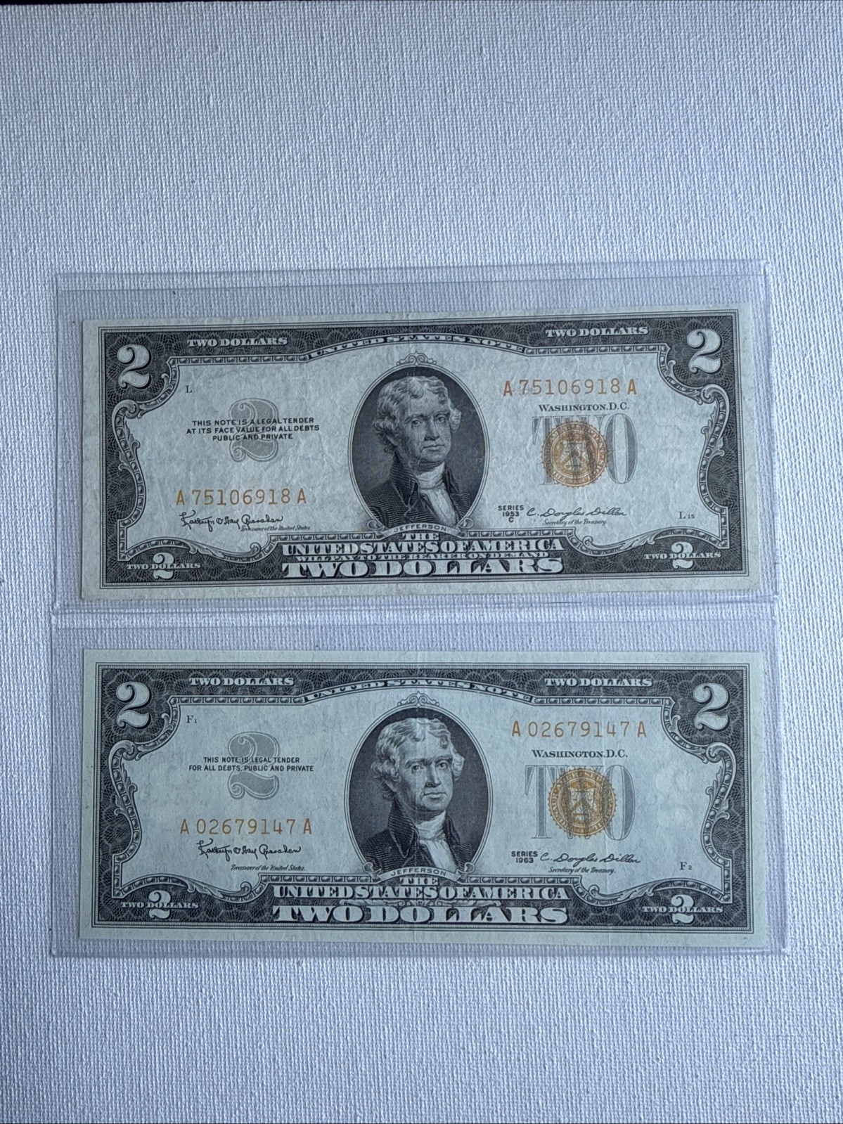 SET OF (2) TWO 1953 AND 1963   $2 Dollar Bill     ( Yellow SEAL🔥)