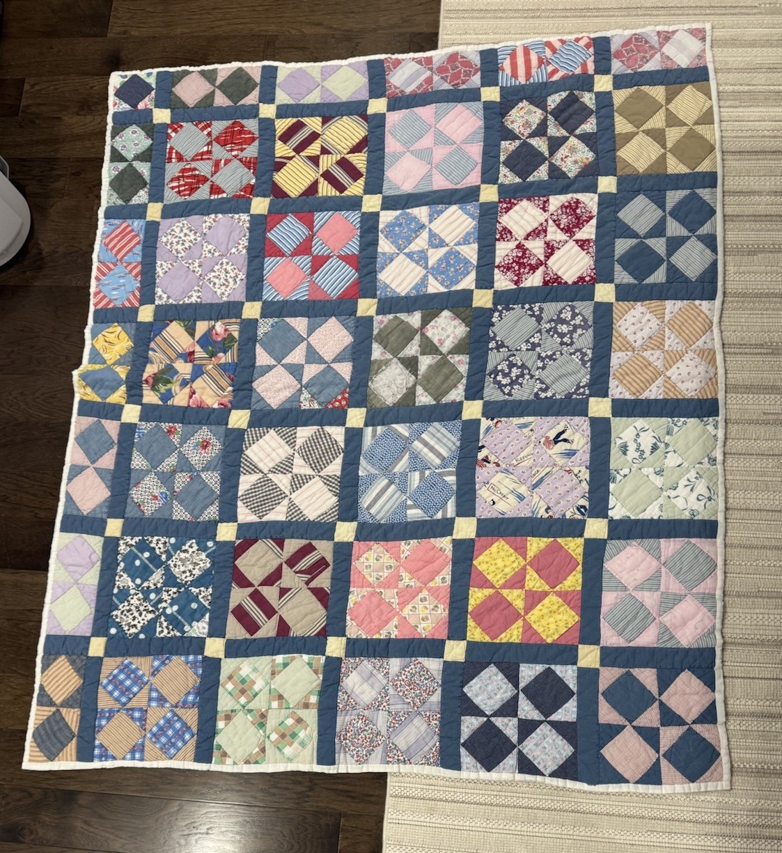 Vintage Early Grid Patchwork Crazy Quilt 62x75 “Ski Lodge. No Credit. No Refund” Vintage Early Grid Patchwork Crazy Quilt 62x75 “Ski Lodge. No Credit. No Refund”