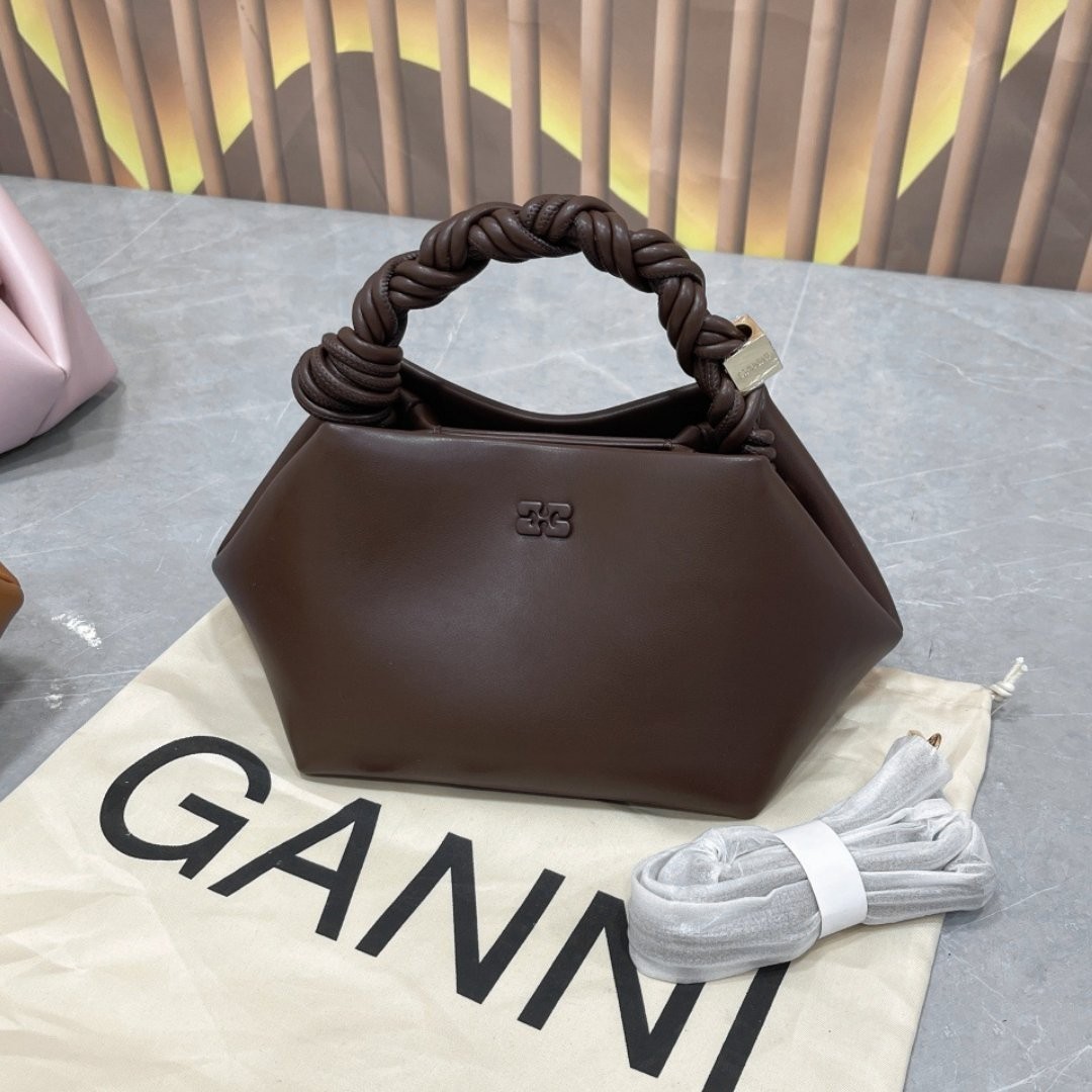 Ganni Chocolate Fondant Leather Braided Handle Bag Butterfly Logo Mini Purse Ganni Chocolate Fondant Leather Braided Handle Bag Butterfly Logo Mini Purse