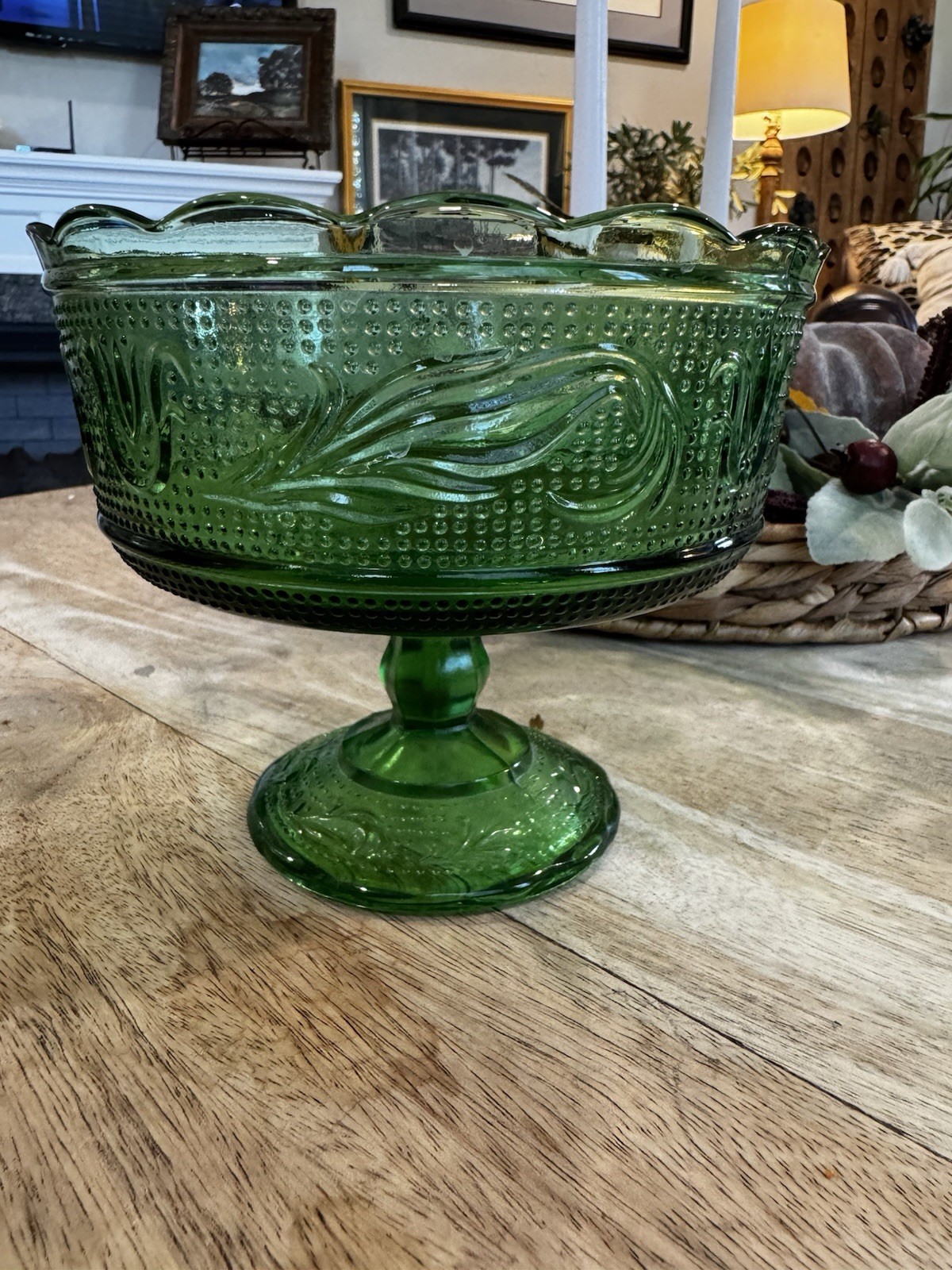 Vintage Indiana Glass Colony Harvest Emerald Green Pedestal Compote Bowl 5.5\