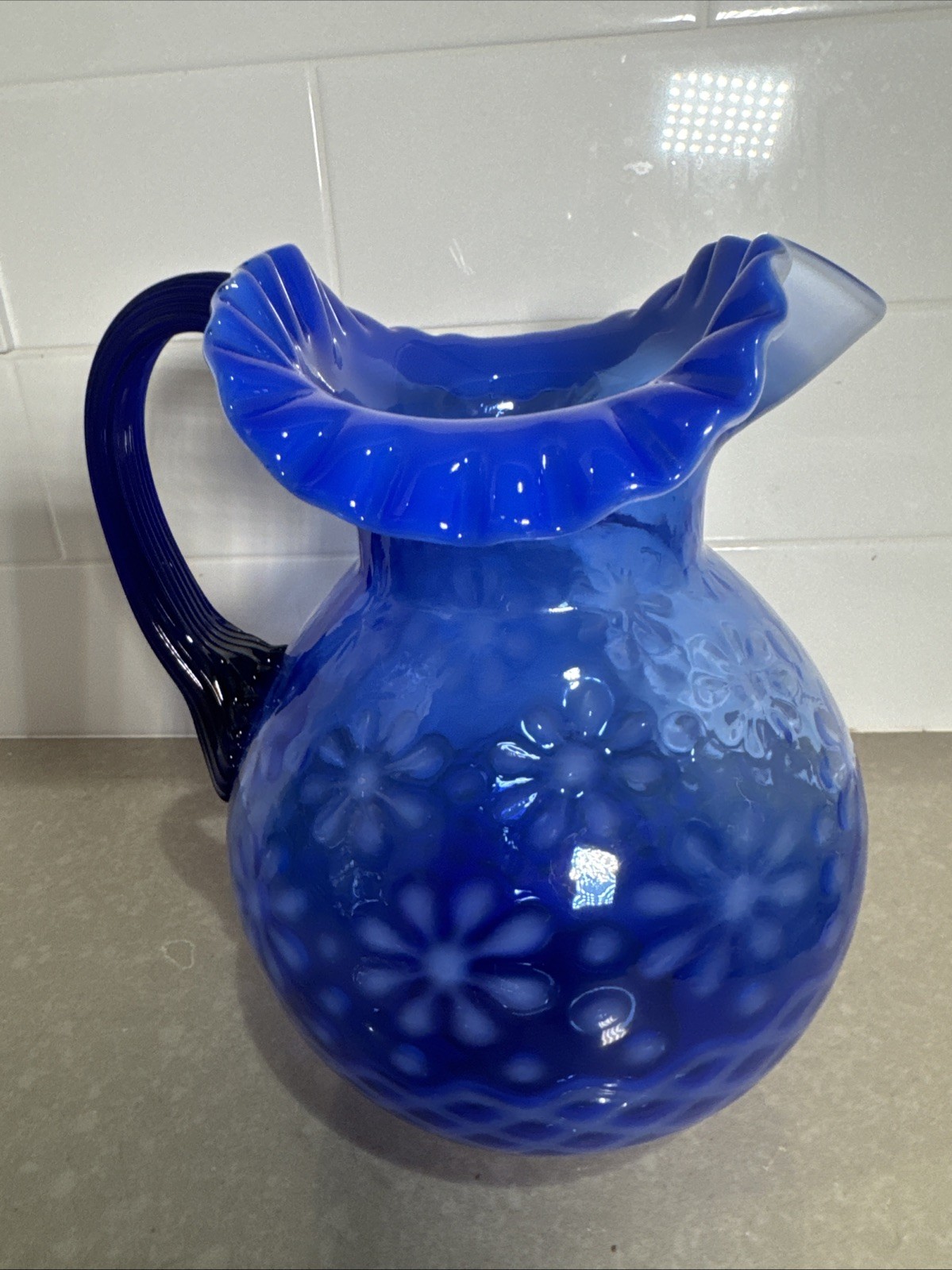VINTAGE FENTON ART GLASS COLBALT BLUE OPALESCENT SNOWFLAKE PITCHER 9.5” VINTAGE FENTON ART GLASS COLBALT BLUE OPALESCENT SNOWFLAKE PITCHER 9.5”