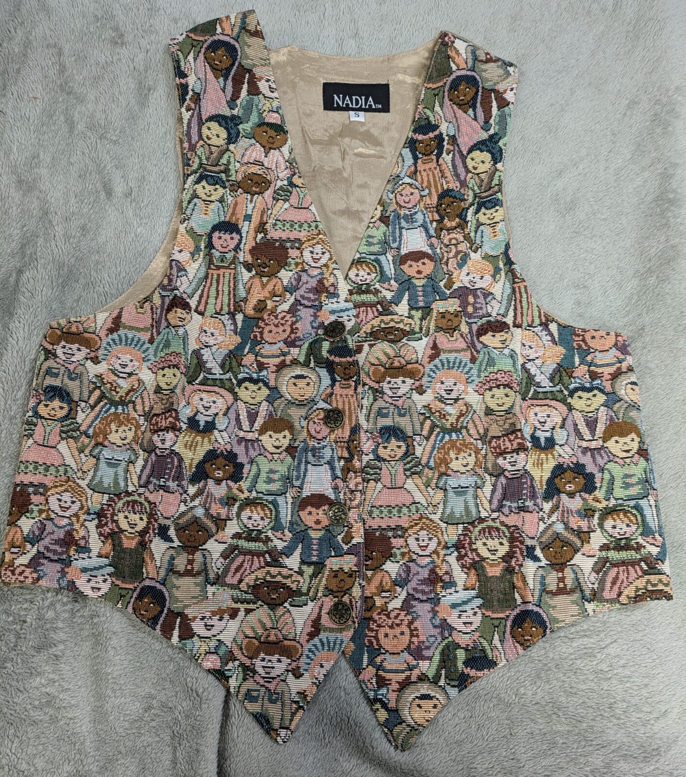 Vintage Nadia Embroidered CHILDREN Tapestry Women\'s SMALL Grandmacore Vest NEW