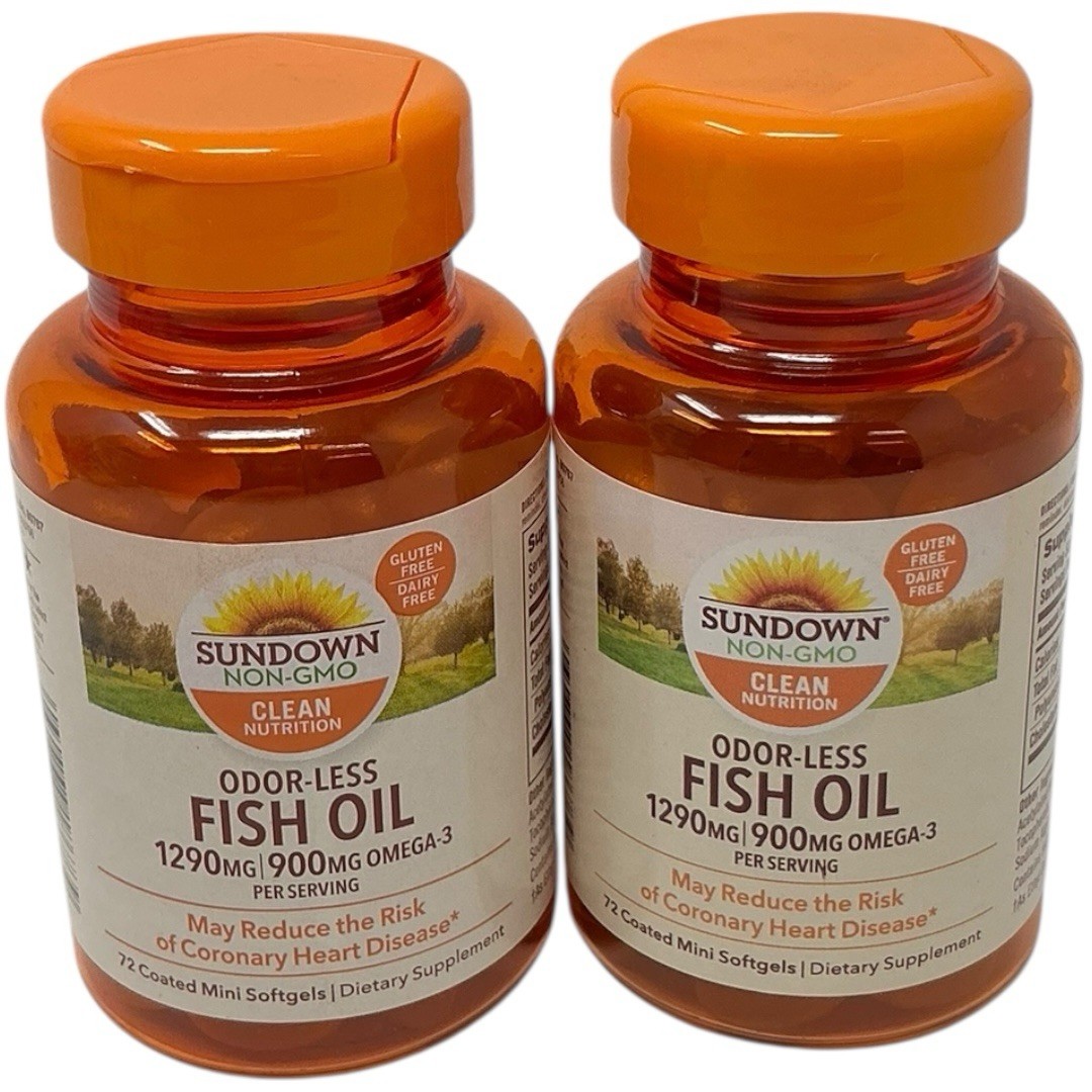 Lot of 2- Sundown Odorless Fish Oil, 1290mg, Omega 3 Supplement, Supports Heart Lot of 2- Sundown Odorless Fish Oil, 1290mg, Omega 3 Supplement, Supports Heart