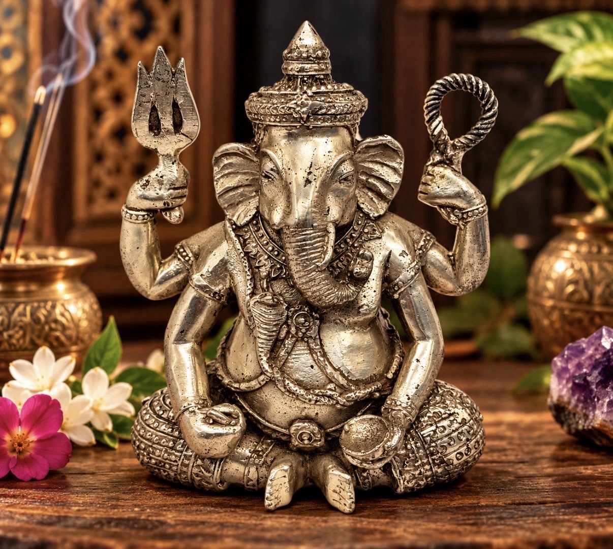 Vintage Indian Ganesha Statue Brass Hindu Deity 4” Heavy 640g Intricate