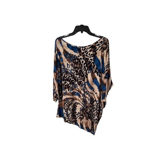 Clara Sun Woo Animal Print Tunic Top Boat Neck Artsy Asymmetrical USA Made Lg