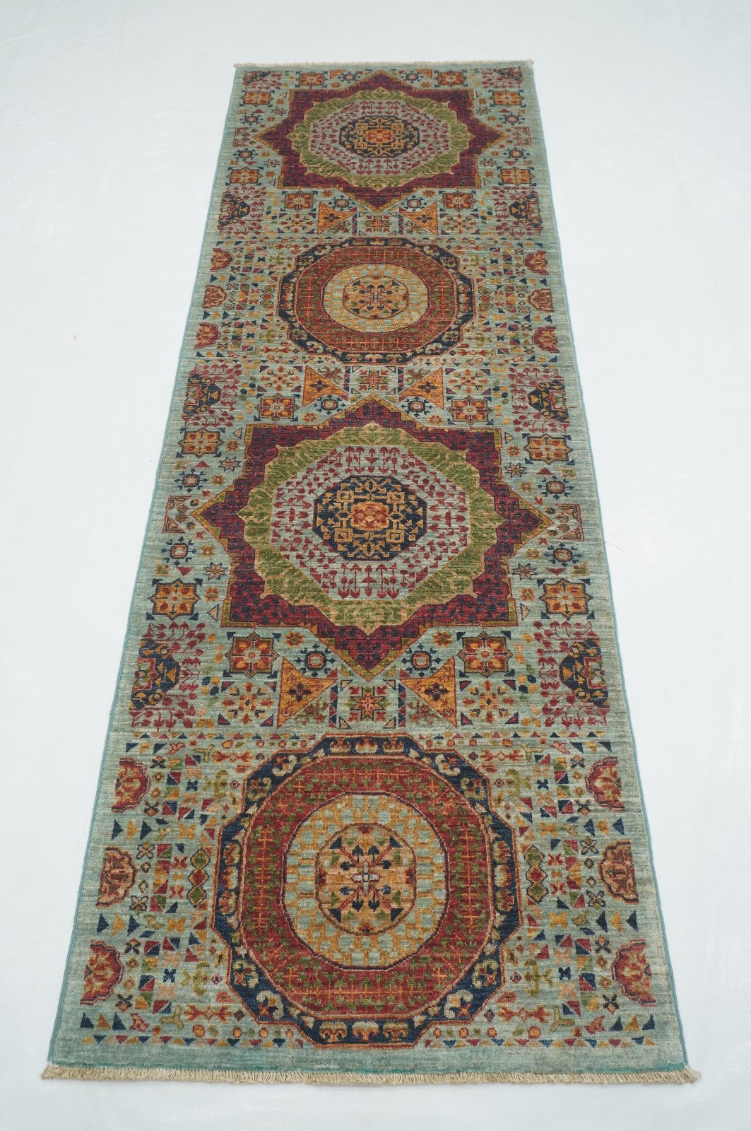 3x8 ft Blue Mamluk Afghan Hand knotted Runner Rug