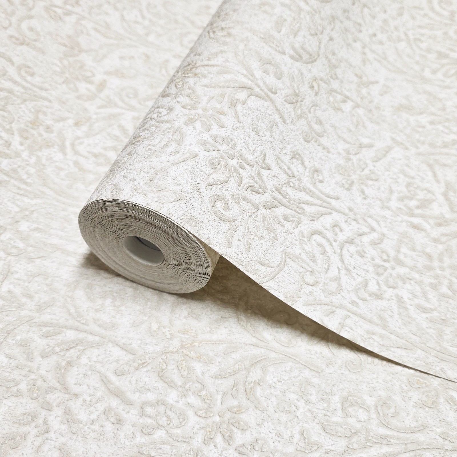 Ornamental vines leaves beige ivory off white faux plaster textured wallpaper 3D