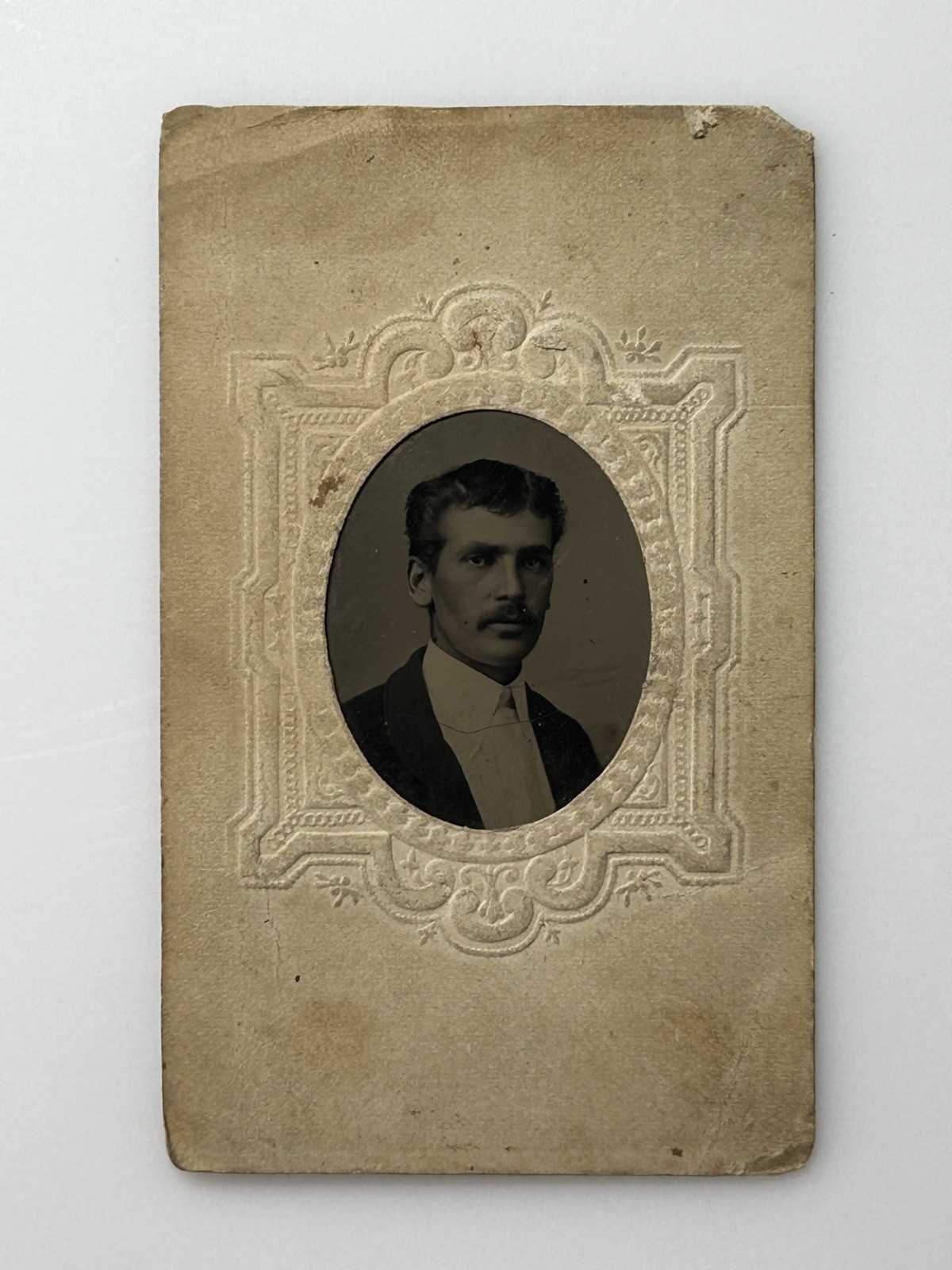 Antique 1800s Gem Tintype Photo Young Man Mustache Embossed Paper Mount Antique 1800s Gem Tintype Photo Young Man Mustache Embossed Paper Mount