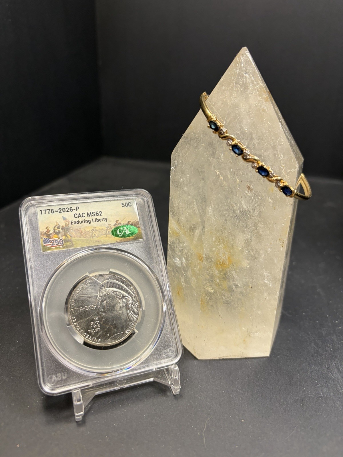 14k Gold Vintage Sapphire Diamond Bangle, Quartz Tower, CAC Enduring Liberty 14k Gold Vintage Sapphire Diamond Bangle, Quartz Tower, CAC Enduring Liberty