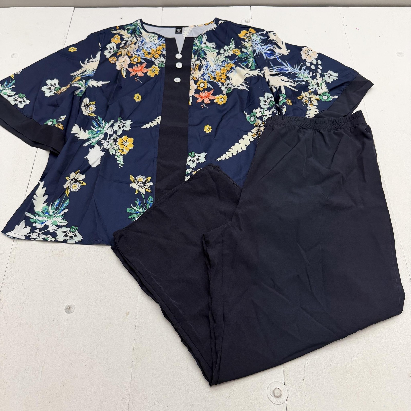SHEIN Curve Pants Set Womens 4XL Navy Floral 2 Piece Shirt Elastic Waist Lounge