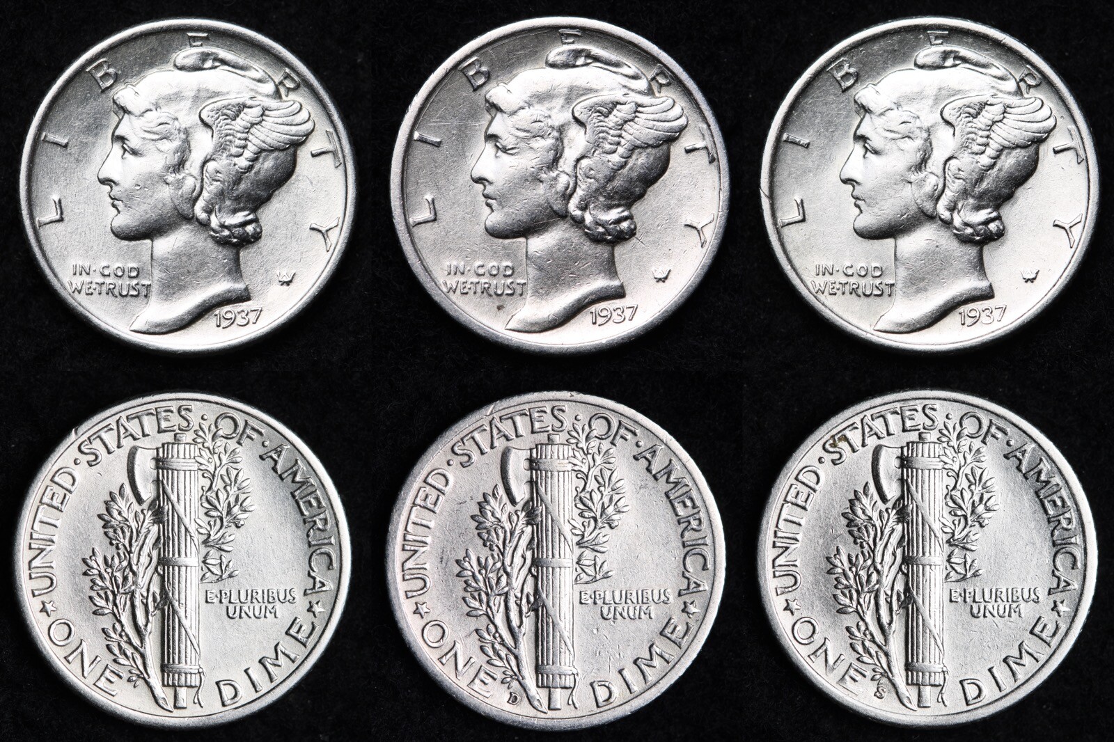 1937 & 1937-D & 1937-S Mercury Silver Dime Nice AU 3 Coin Lot 