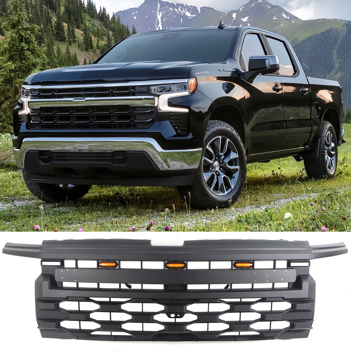 Black Front Grille Fit For Chevrolet Chevy Silverado 2022-2024 Upper Grill W/Led