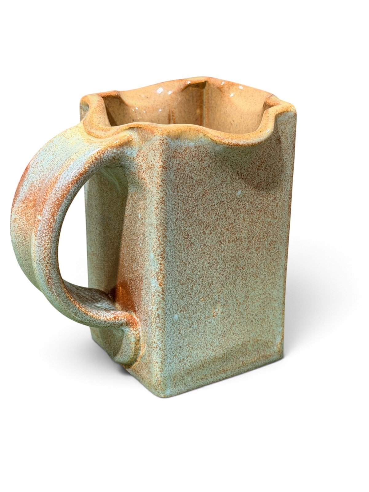 Signed Studio Pottery Square Mug Very Unique Handmade Mottled Green Brown Glaze