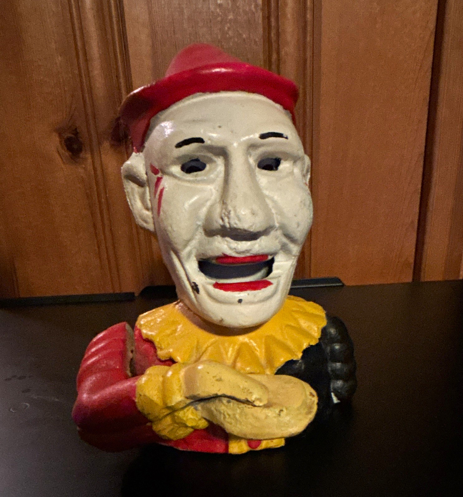 Vintage Cast Iron Character Mechanical Bank Figural Man Bust Red Hat Collar Vintage Cast Iron Character Mechanical Bank Figural Man Bust Red Hat Collar