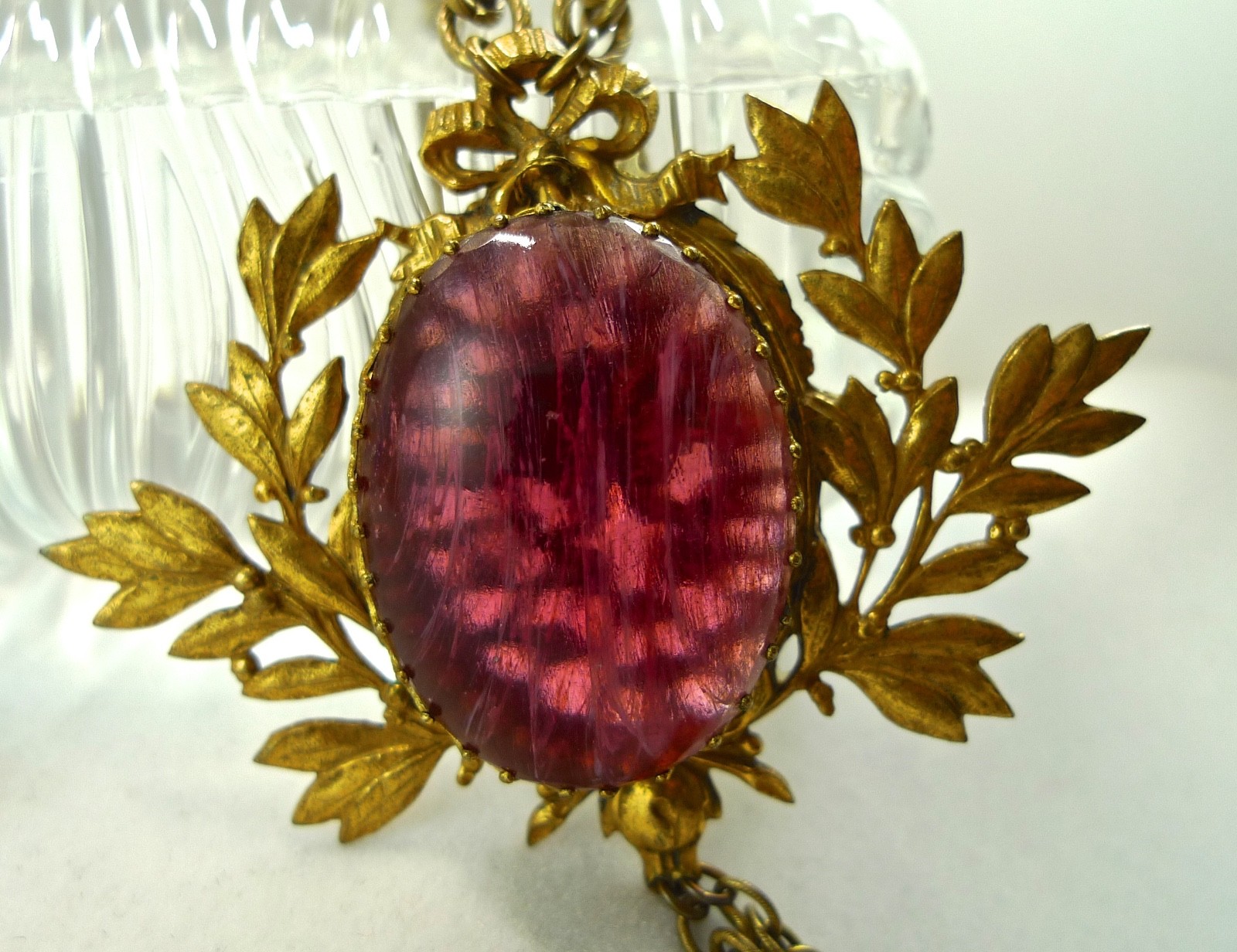 Vintage Signed Miriam Haskell Necklace Large Pink Stone Gilded Brass Leaves Vintage Signed Miriam Haskell Necklace Large Pink Stone Gilded Brass Leaves