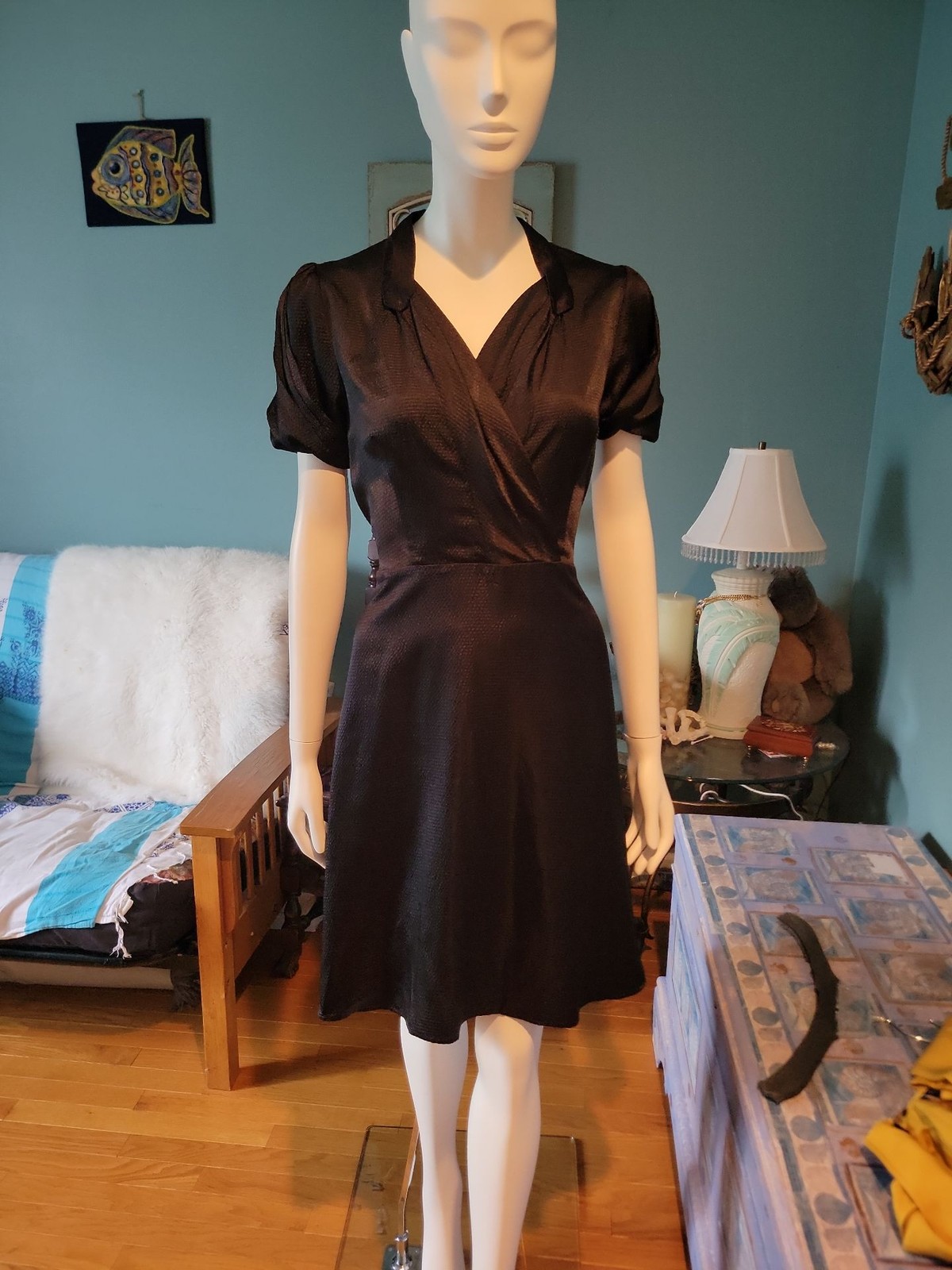 Vintage 1940s Style Black Satin Jacquard Wrap Cocktail Dress Vintage 1940s Style Black Satin Jacquard Wrap Cocktail Dress