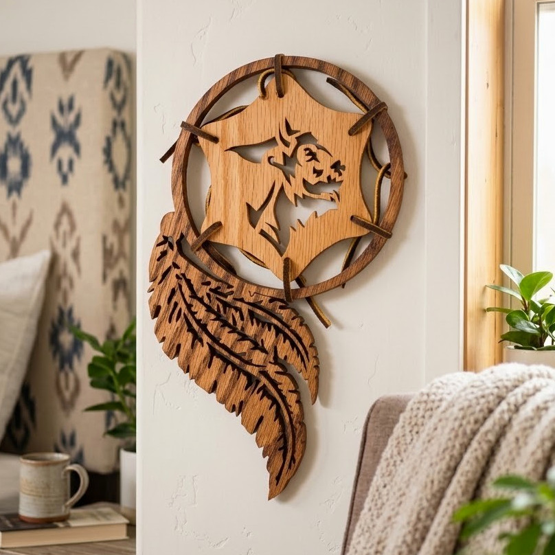 Handcrafted Wooden Buffalo Head in Ring Wall Decor Dreamcatcher Style Feather