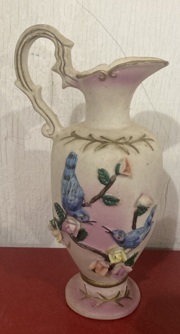 Vintage Capodiminte Blue Jays Flower Vase Pitcher Bisque *D Vintage Capodiminte Blue Jays Flower Vase Pitcher Bisque *D