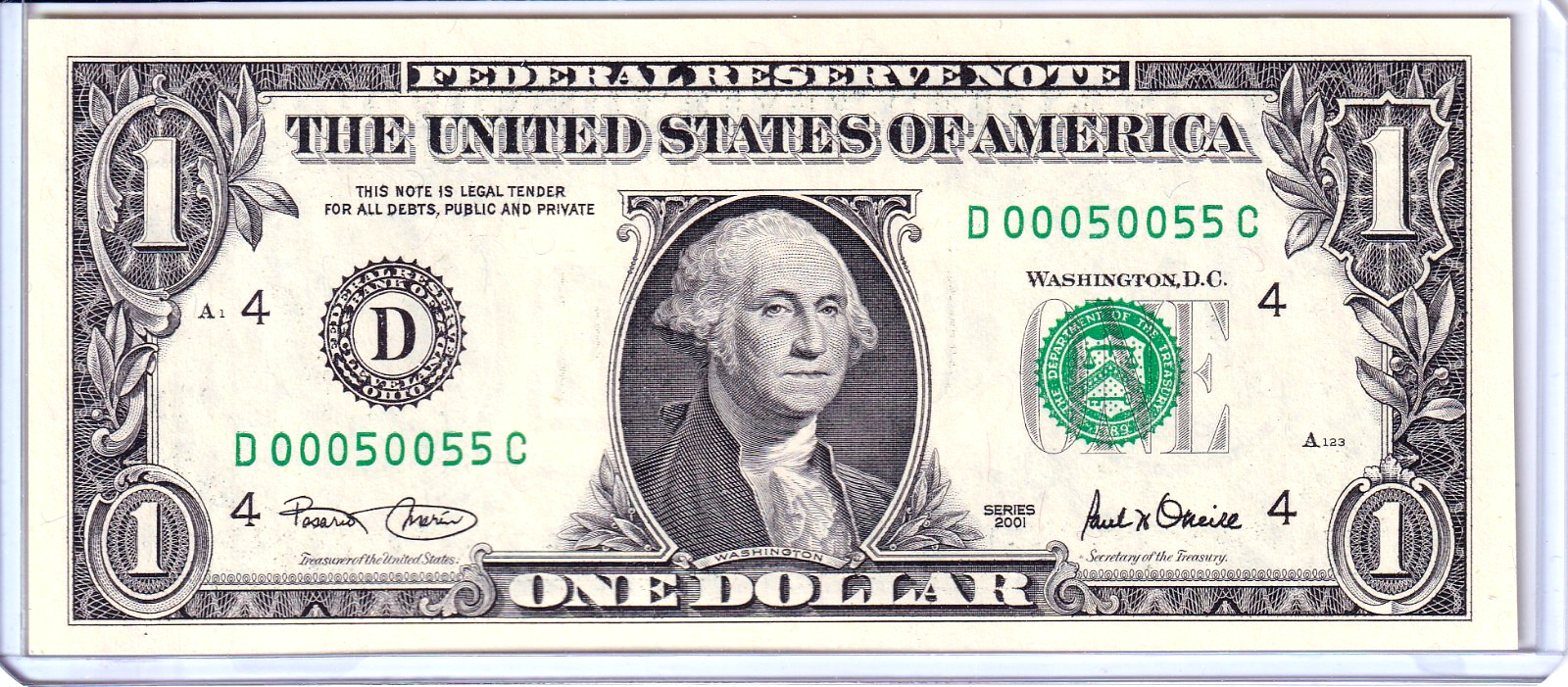 2001 $1 Federal Reserve Note Uncirculated Fancy 0/5 BINARY Serial #D00050055C