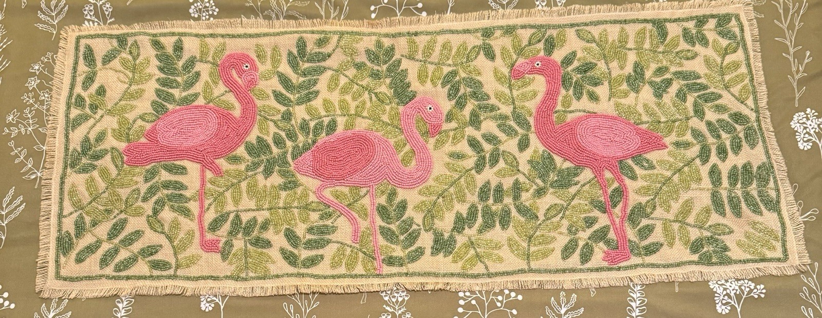 VTG Pier 1 Imports Pink Flamingo Glass Bead Embroidered Table Runner 36” x 16” VTG Pier 1 Imports Pink Flamingo Glass Bead Embroidered Table Runner 36” x 16”