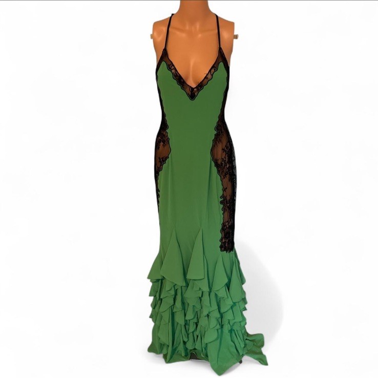 NBD Original Adjustable Strap W Black Lace Detailing Green Dress New With Tags