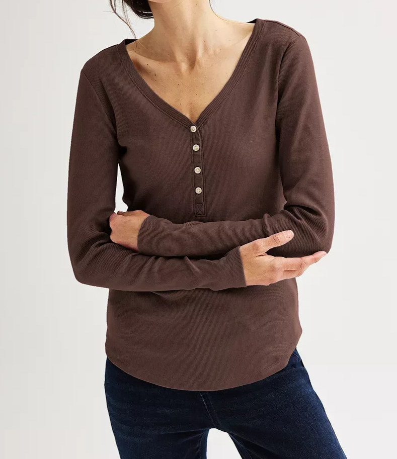 SONOMA Goods For Life Women\'s Naveena Plum Ribbed LS Henley - Size M/L/XL/XXL SONOMA Goods For Life Women\'s Naveena Plum Ribbed LS Henley - Size M/L/XL/XXL
