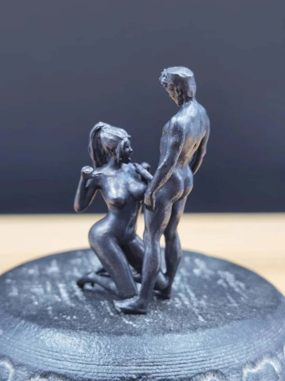 Solid Black Brass Kneeling Woman Standing Man Sexy Naked Body Model Mini Statue