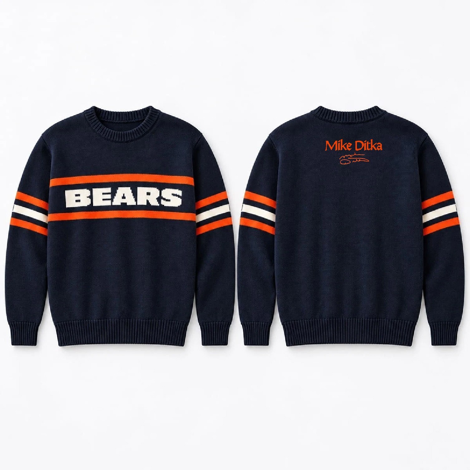 NEW RIP Mike Ditka Bears Sweater Navy Striped Knit Pullover Football Fan Shirt