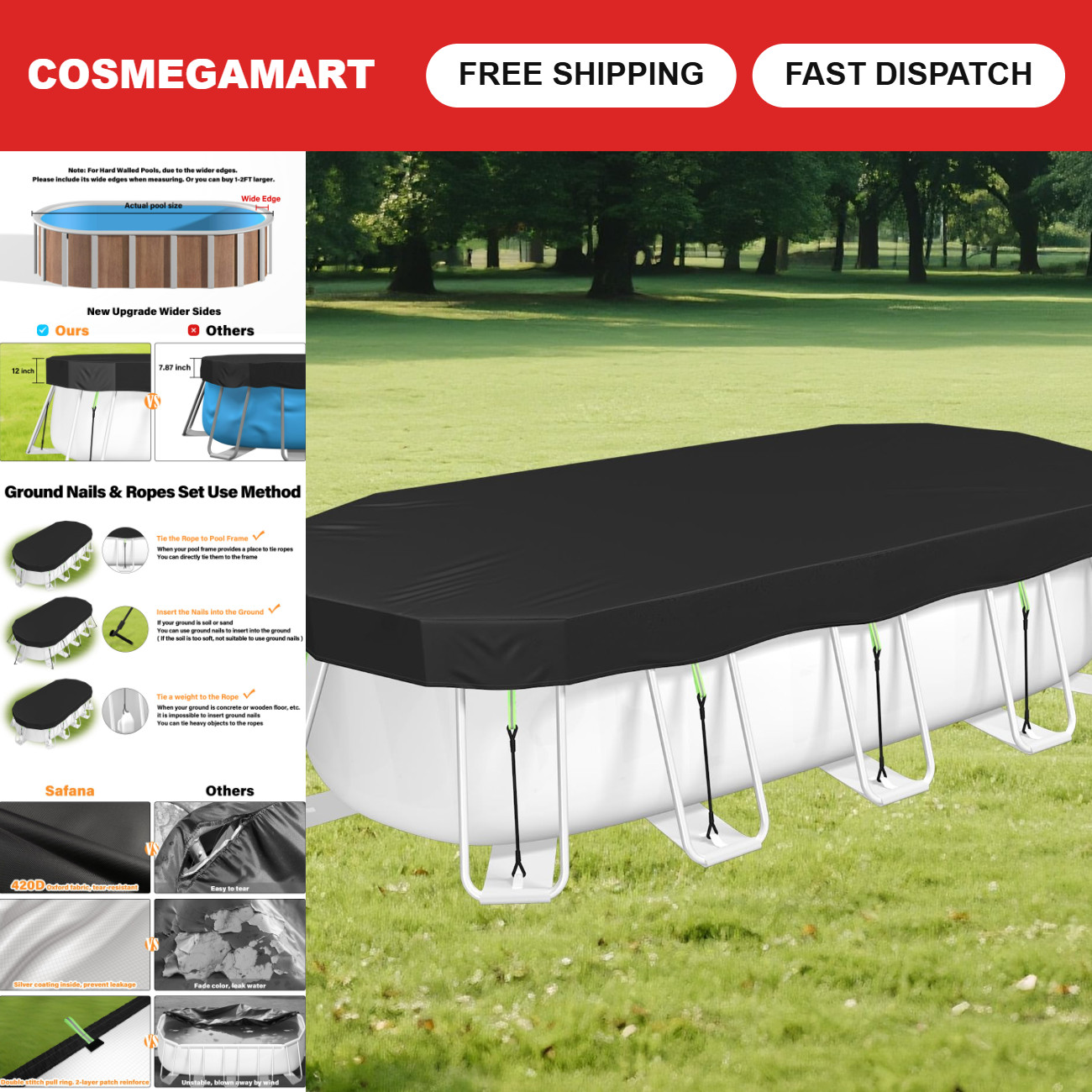 7x10 ft Oval Winter Pool Cover for Above Ground Pools - Heavy Duty 420D Material