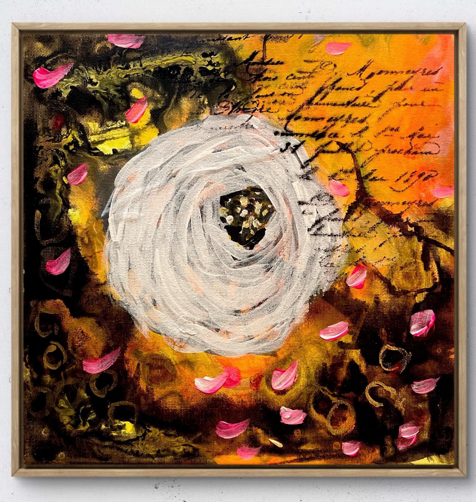 Mary Myers Original Mixed Media Floral Painting 10x10 Acrylic Gold Script Art Mary Myers Original Mixed Media Floral Painting 10x10 Acrylic Gold Script Art