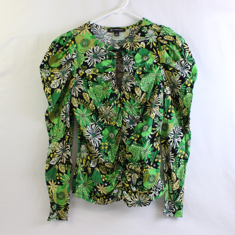 INC International Concepts Ruched Spring Green Floral Long-Sleeve Top Women\'s M INC International Concepts Ruched Spring Green Floral Long-Sleeve Top Women\'s M