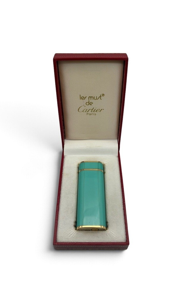 Vintage Les Must de Cartier Trinity Gas Lighter — Turquoise Lacquer, Gold Plated Vintage Les Must de Cartier Trinity Gas Lighter — Turquoise Lacquer, Gold Plated
