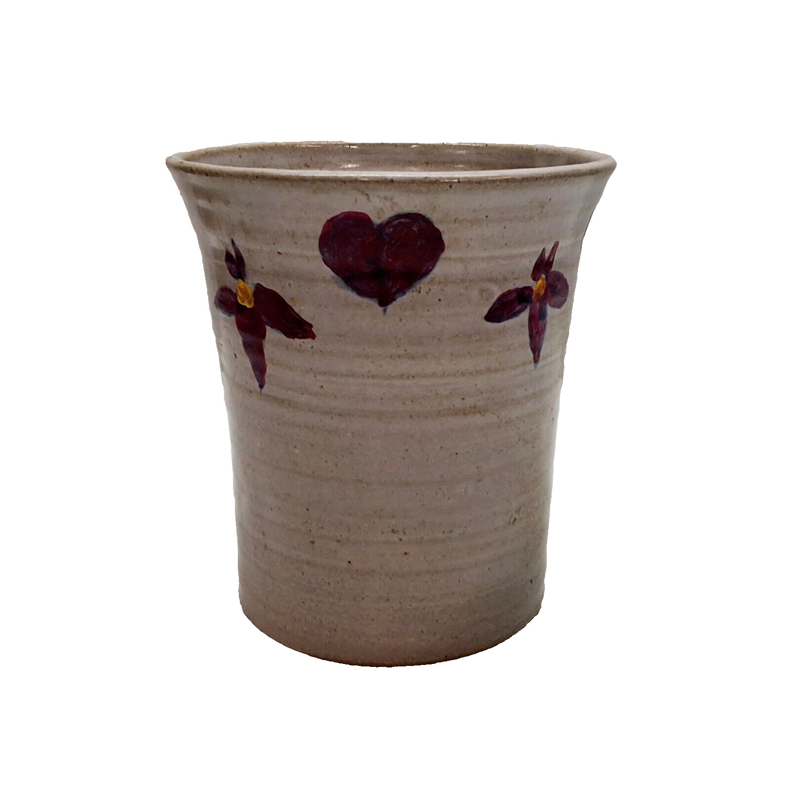 Vintage 1985 Art Pottery Beige Glazed Crock w/ Maroon Heart Flower Artist Signed