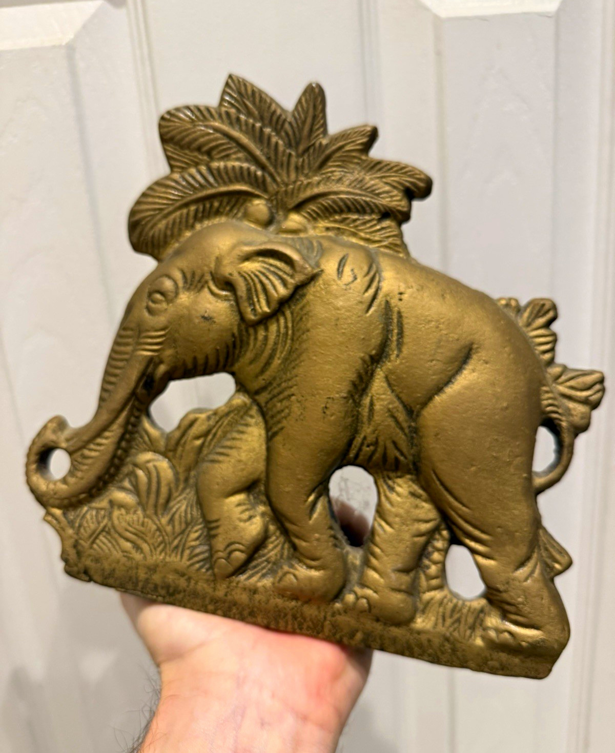 Vintage Cast Iron Elephant Palm Tree Doorstop Bookend Gold Jungle Decor