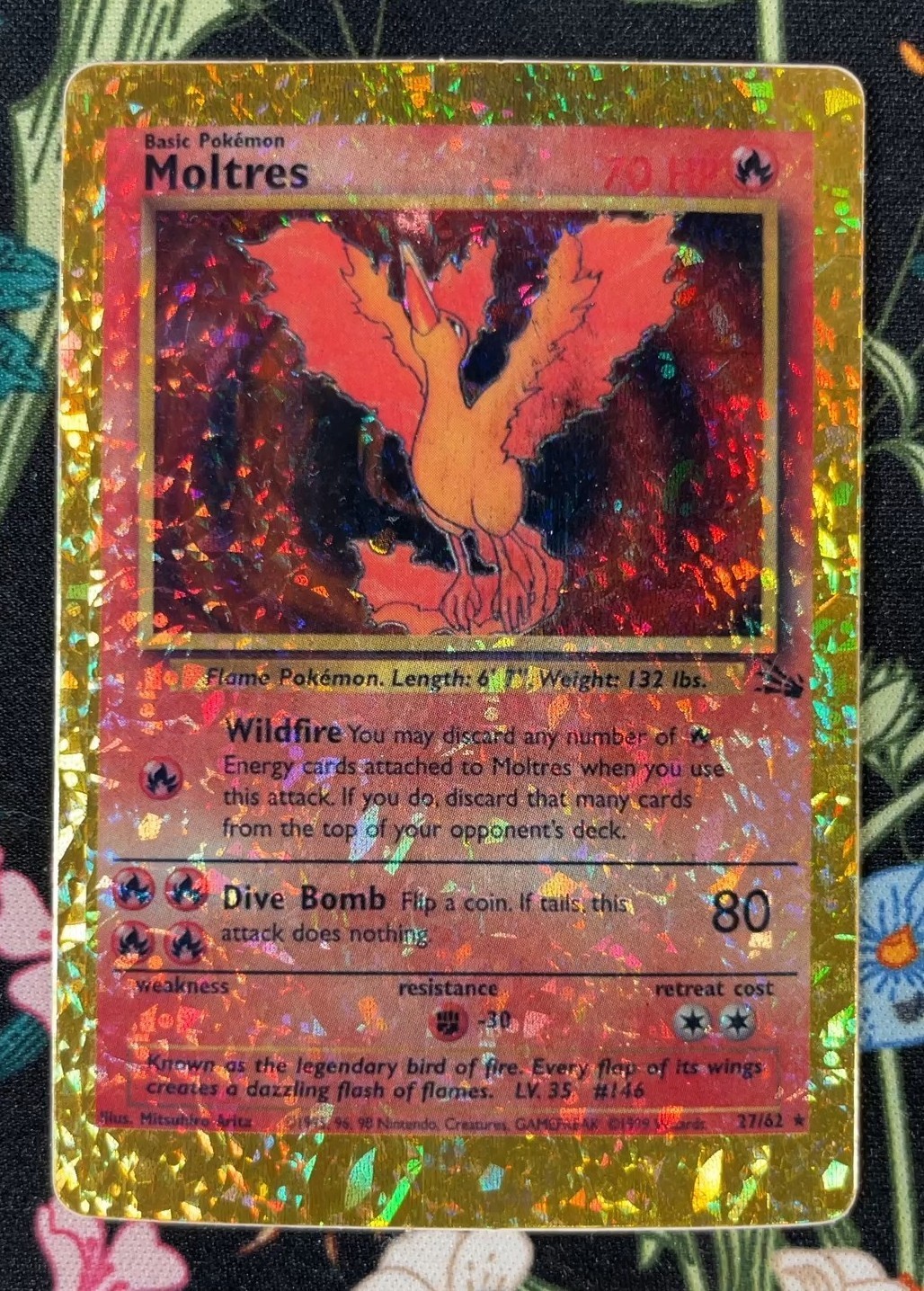 Vintage Vending Sticker Pokemon Moltres 27/62 Gold Ice Holo Rare Fossil -S274