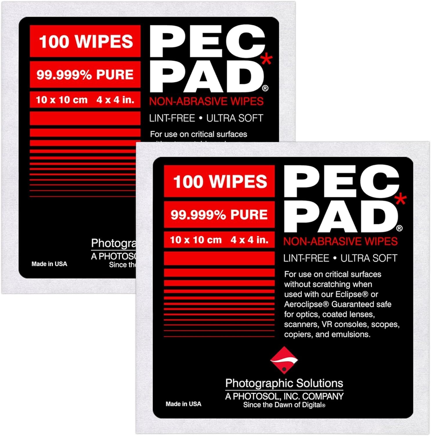 2PK PEC-PAD Lint Free Wipes 4x4” 100PK -Non-Abrasive Cleaning Cloth for Cameras