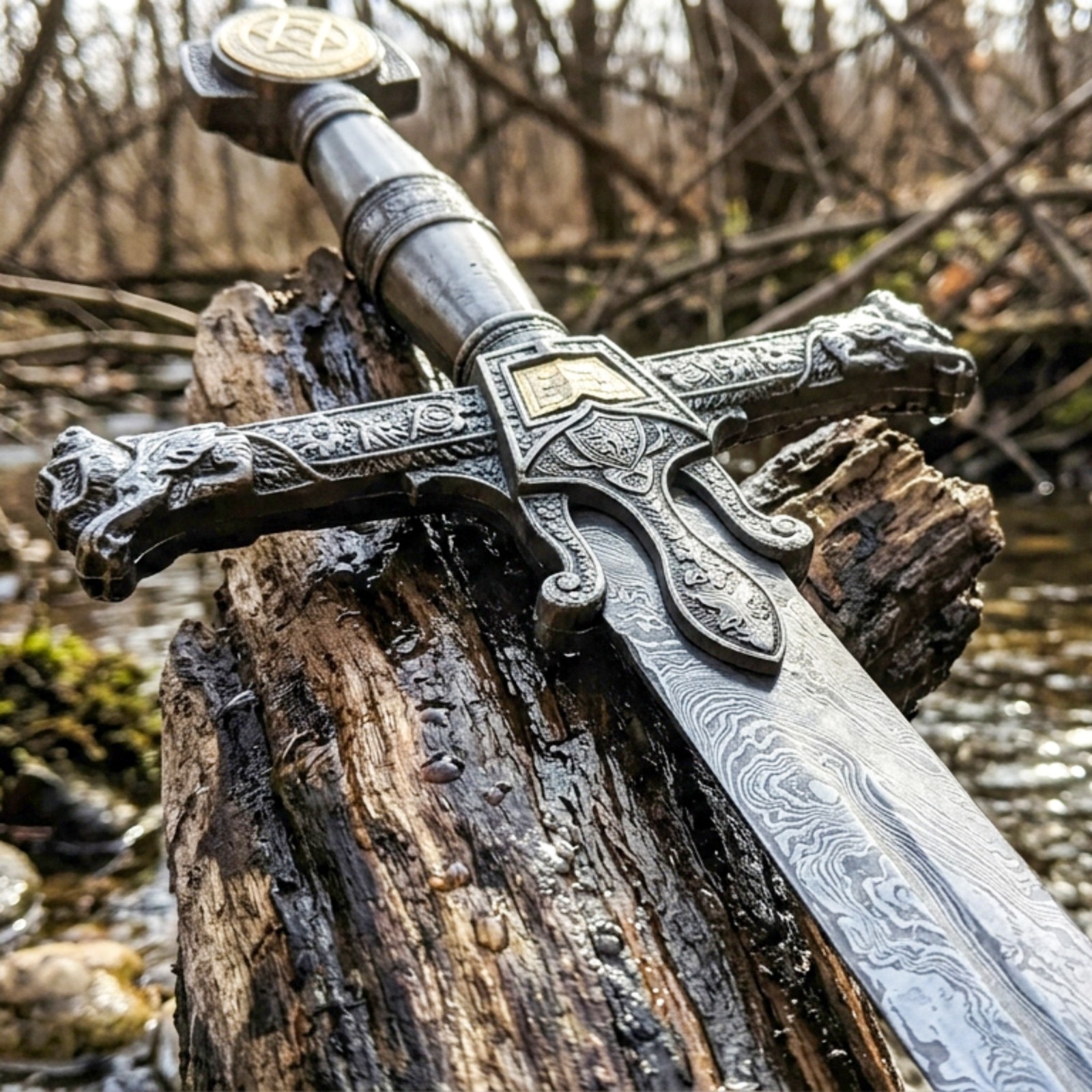 Hand Forged Damascus Steel King Solomon Sword: Medieval Knights Templar