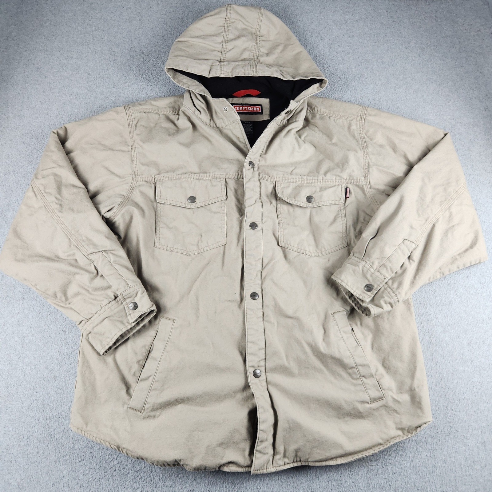 Craftsman Work Jacket Men Large Fleece Lined Canvas Duck Khaki Hooded Snap Front