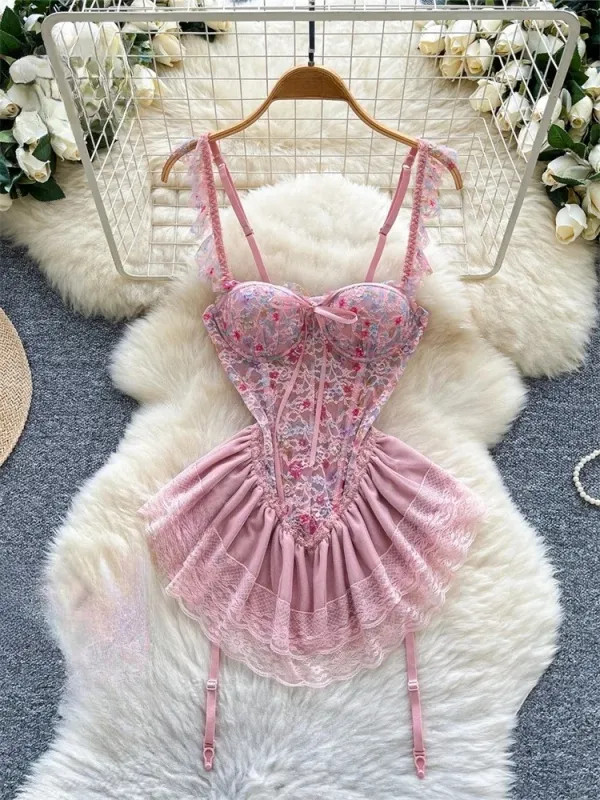 Vestido Mini Mujer Sexy Tirantes Sin Mangas Estampado Floral Malla Encaje Slim