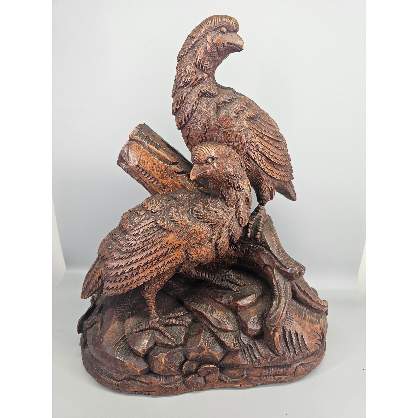 Huge Rare Antique Swiss German Black Forest Wood Carving 17in Birds Grouse