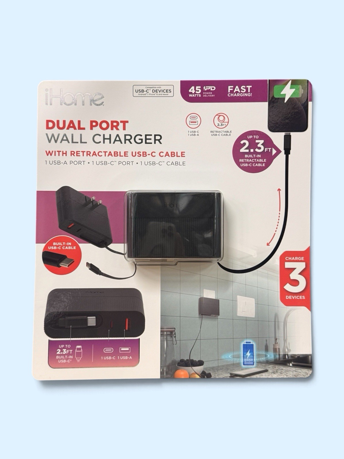 NEW iHome 45W USB-C USB-A Wall Charger Retractable USB-C Cable Fast Charge Black