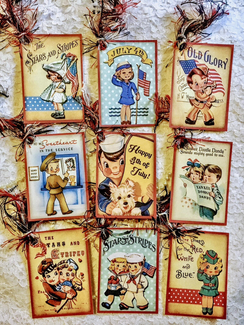 9 Patriotic Kids Vintage Gift Hang Tags Scrapbook Party Card Junk Journals~#209R