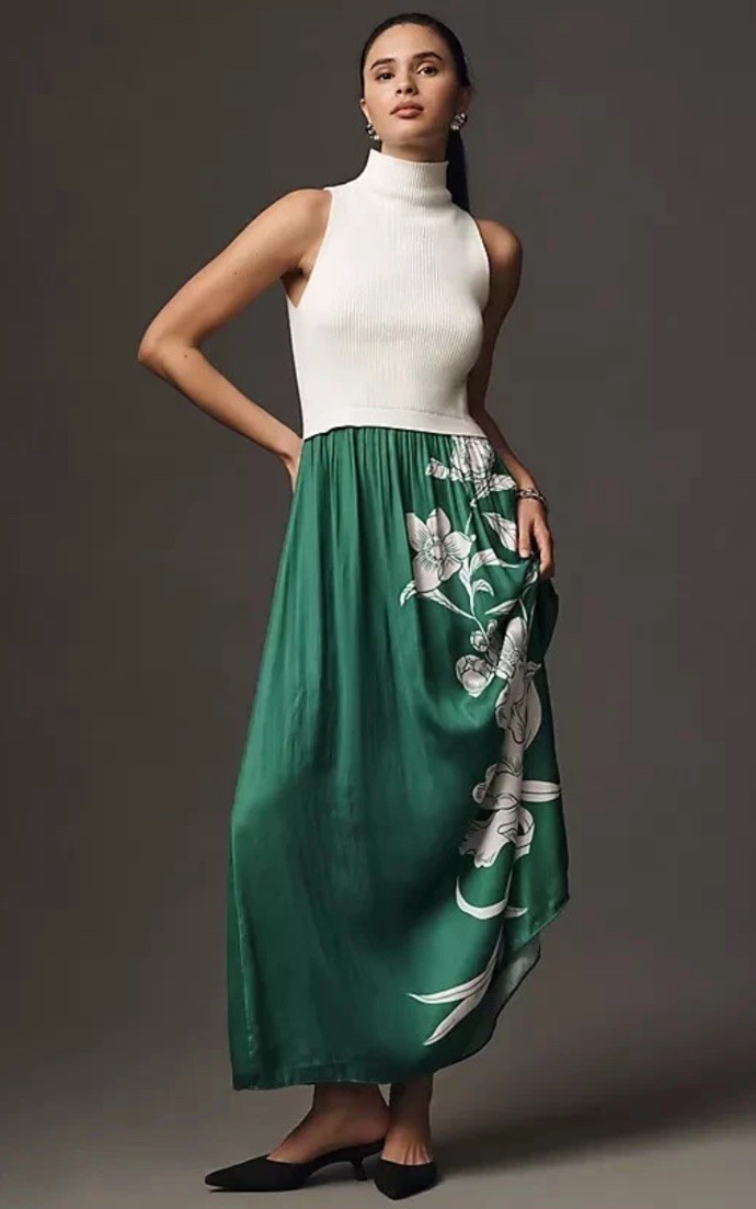 Anthropologie The Thea Twofer Maxi Dress S Green Floral Mock Neck Pleated Sample