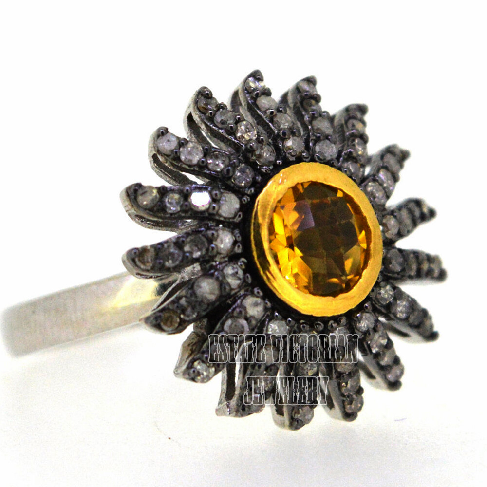 Stunning 1.48Ctw Rose Cut Diamond Citrine Silver Victorian Sunburst Ring Jewelry
