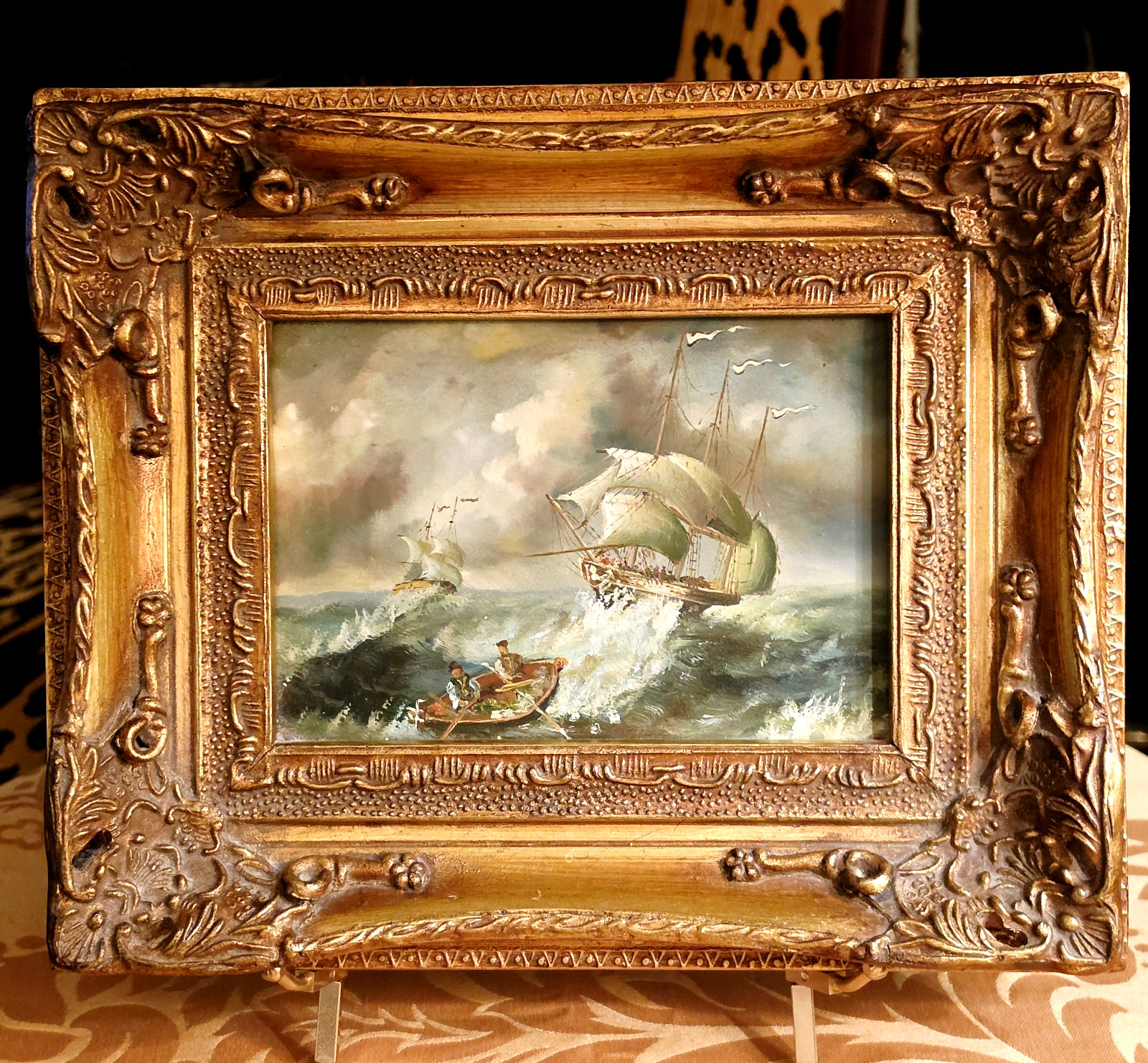 STUNNING FRAMED OIL ON BOARD OF WHALING SHIPS ON A STORMY SEA , 11.25L X 9.5\'\'H